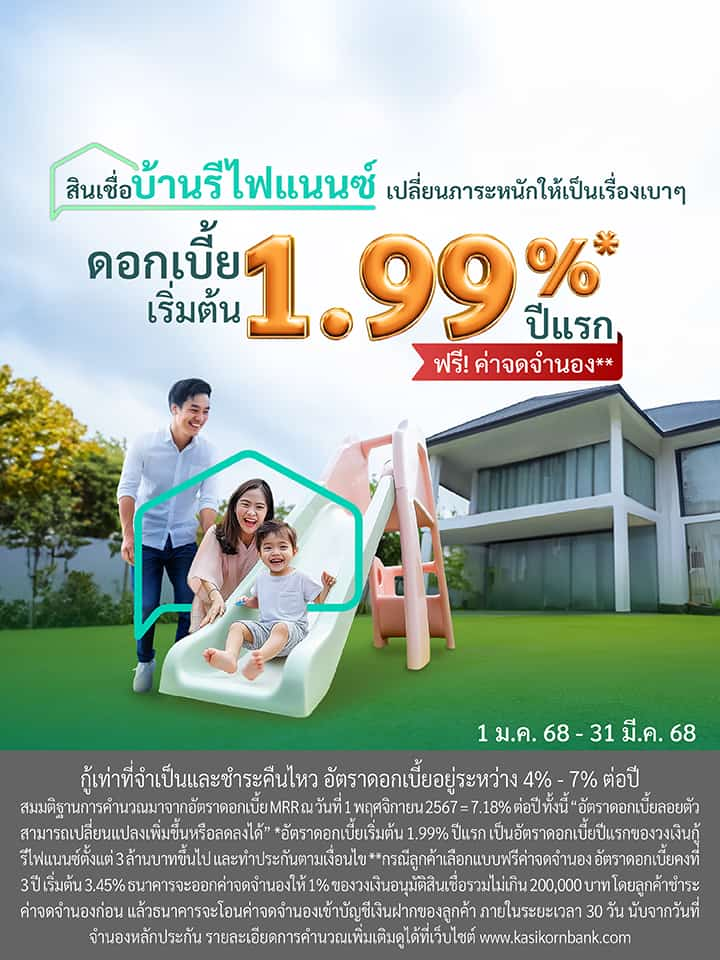 สินเชื่อบ้านรีไฟแนนซ์ ผ่อนคอนโดหมดไว ดอกเบี้ยเริ่ม 1.99% ปีแรก