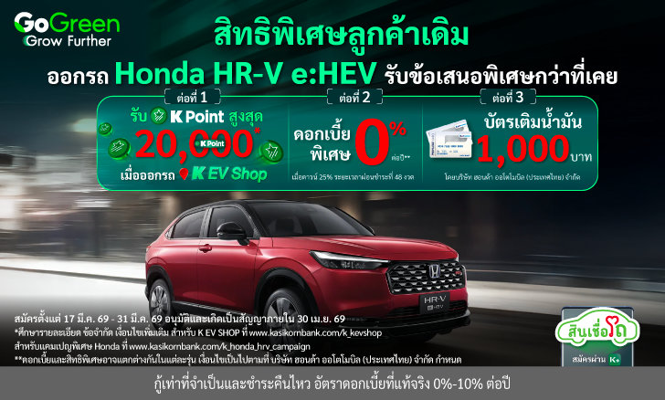 รับข้อเสนอพิเศษกว่าที่เคย เมื่อออกรถยนต์ Honda New HRV e:HEV สิทธิพิเศษเฉพาะลูกค้าเดิม KLeasing ที่เคยเป็นเจ้าของรถยนต์ Honda