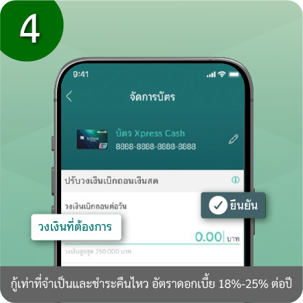 วิธีปรับวงเงินการใช้จ่ายผ่านบัตร ขั้นตอนที่ 4 : ระบุวงเงินใช้จ่ายที่ต้องการ และกด “ยืนยัน”