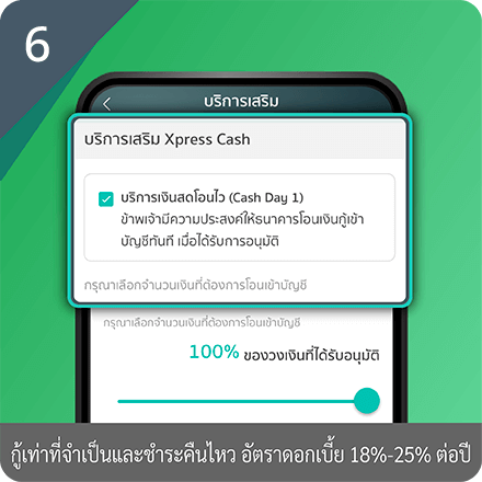 วิธีสมัครบัตรผ่าน K PLUS ขั้นตอนที่ 6 : เลือกบริการเงินสดโอนไวรับเงินเข้าบัญชีใน 2 วันทำการ