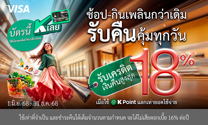 ช้อป-กิน รับเครดิตเงินคืนสูงสุด 18% กับ บัตรเครดิตวีซ่ากสิกรไทย*